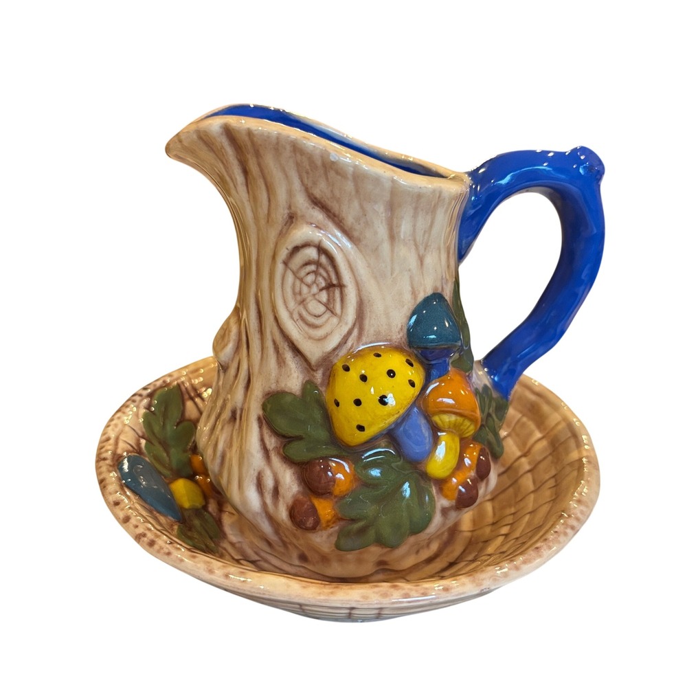 Arnels 70s Vintage Tree Trunk Mushroom Ceramic Creamer Pitcher and Saucer Set
